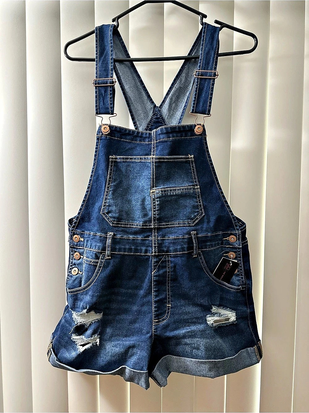 Women's Distressed Denim Short Overalls in Blue